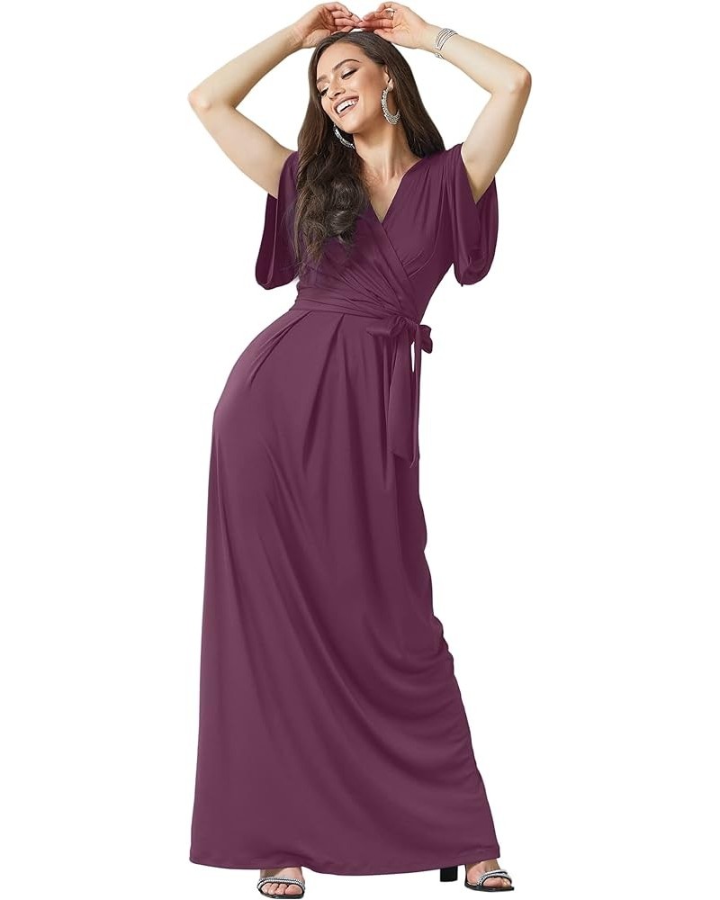 Formal Short Sleeve Cocktail Flowy V-Neck Gown Plum Dark Purple $28.97 Dresses