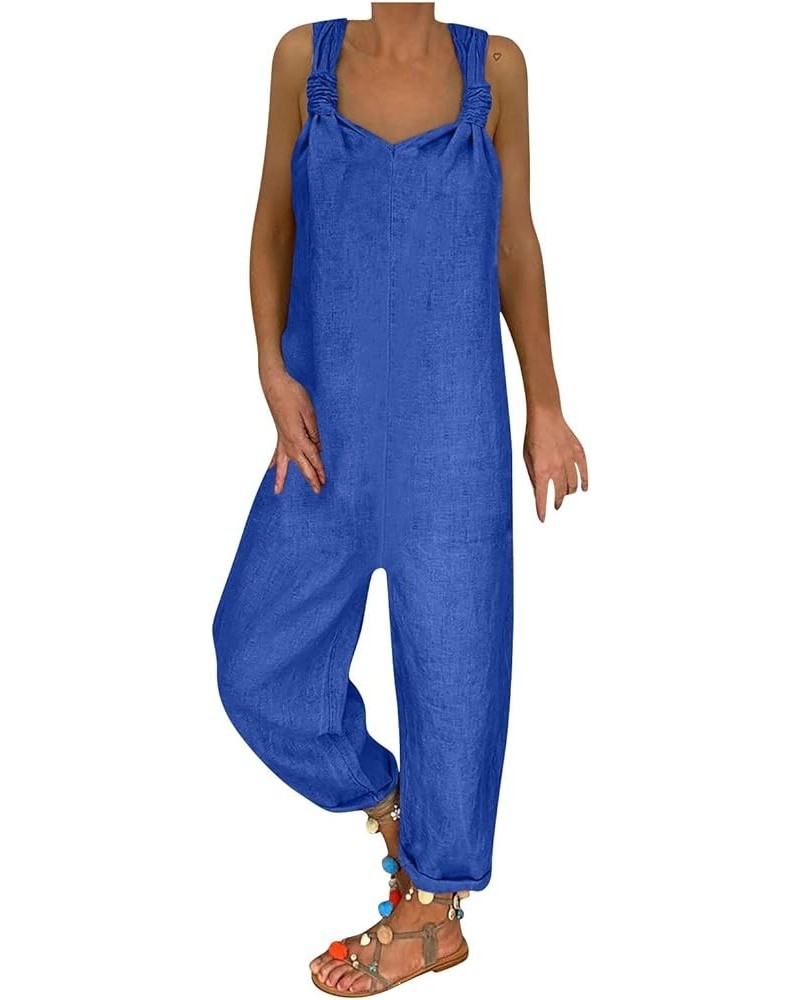 Linen Rompers for Women Dressy Strap Floral Casual Summer Printed Loose Fit Fashion Lounge Jumpsuits Overalls Zly B-blue $11....