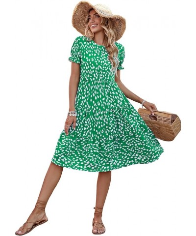 Women's Boho Polka Dots Ruffle Hem Puff Sleeve Round Neck Loose Smock Midi Dress Green $11.52 Dresses