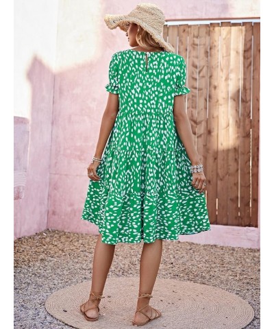 Women's Boho Polka Dots Ruffle Hem Puff Sleeve Round Neck Loose Smock Midi Dress Green $11.52 Dresses