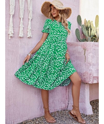 Women's Boho Polka Dots Ruffle Hem Puff Sleeve Round Neck Loose Smock Midi Dress Green $11.52 Dresses