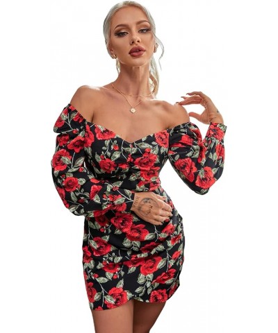 Women's Floral Sweetheart Neckline Long Puff Sleeve Ruched Pencil Mini Dress Multicolor $11.39 Dresses