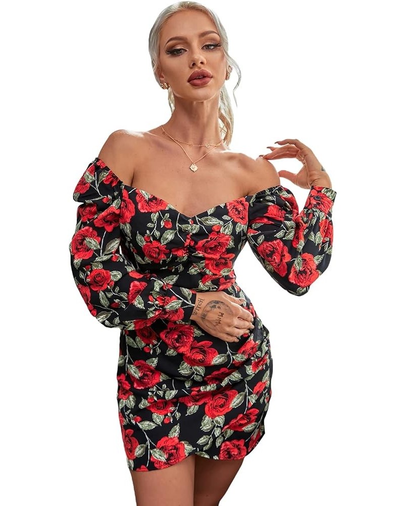 Women's Floral Sweetheart Neckline Long Puff Sleeve Ruched Pencil Mini Dress Multicolor $11.39 Dresses