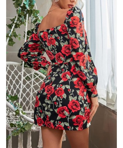 Women's Floral Sweetheart Neckline Long Puff Sleeve Ruched Pencil Mini Dress Multicolor $11.39 Dresses