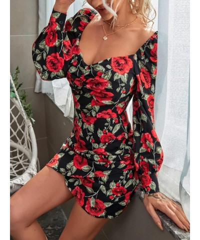 Women's Floral Sweetheart Neckline Long Puff Sleeve Ruched Pencil Mini Dress Multicolor $11.39 Dresses