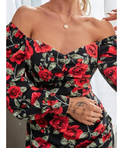 Women's Floral Sweetheart Neckline Long Puff Sleeve Ruched Pencil Mini Dress Multicolor $11.39 Dresses