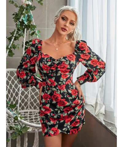 Women's Floral Sweetheart Neckline Long Puff Sleeve Ruched Pencil Mini Dress Multicolor $11.39 Dresses