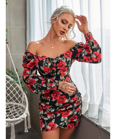 Women's Floral Sweetheart Neckline Long Puff Sleeve Ruched Pencil Mini Dress Multicolor $11.39 Dresses