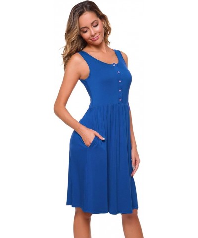 Women's Summer Button Down Sleeveless Pockets Casual Pleated Swing T-Shirt Dress Blue $10.56 Dresses