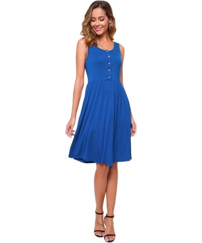 Women's Summer Button Down Sleeveless Pockets Casual Pleated Swing T-Shirt Dress Blue $10.56 Dresses