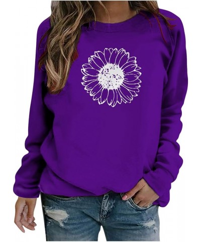 Graphic Sweatshirts For Women Sunflower Print Pullover Shirt Crewneck Long Sleeve Tops Slouchy Vintage Clothes 2023 J028-purp...