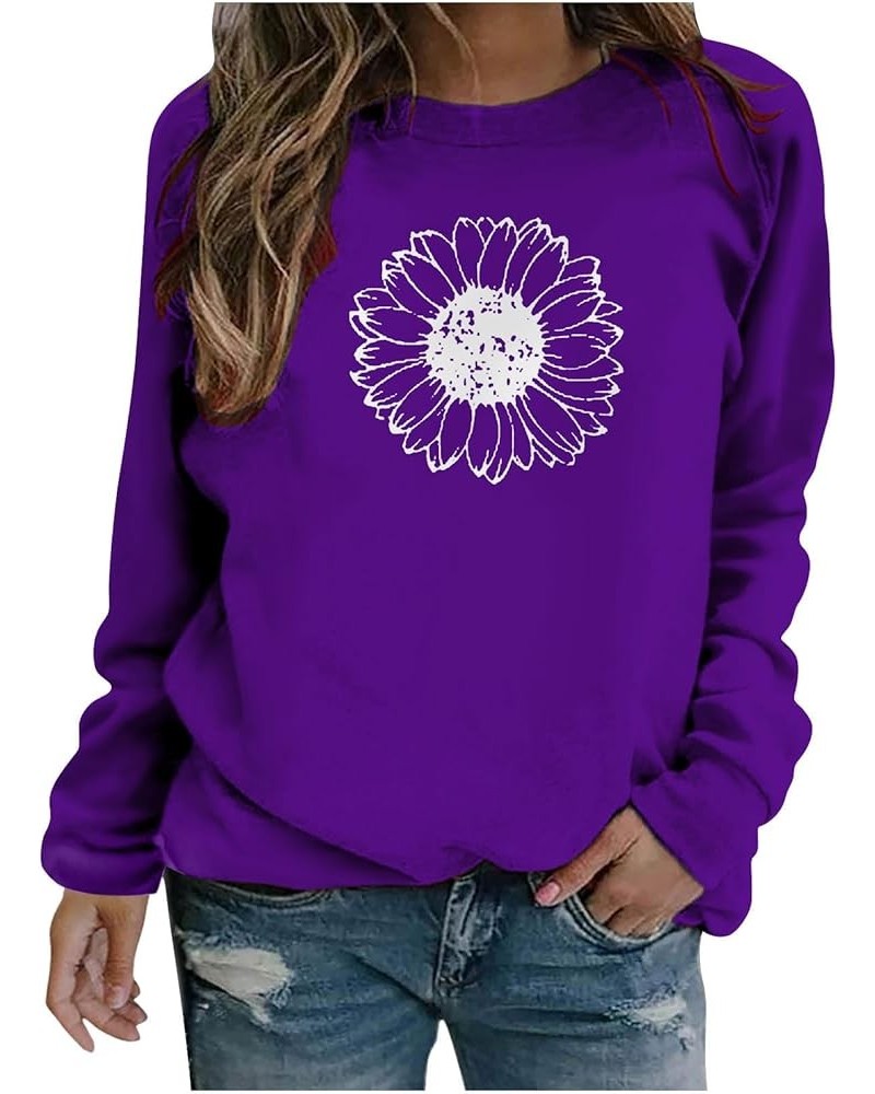 Graphic Sweatshirts For Women Sunflower Print Pullover Shirt Crewneck Long Sleeve Tops Slouchy Vintage Clothes 2023 J028-purp...