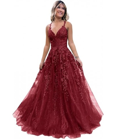 Lace Appliques Prom Dresses for Women Long 2024 Glitter Tulle Spaghetti Strap V-Neck Formal Party Dress for Teens HO004 Burgu...