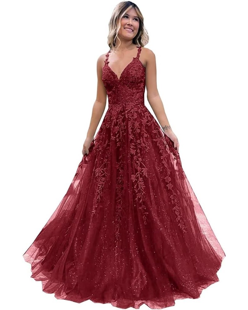 Lace Appliques Prom Dresses for Women Long 2024 Glitter Tulle Spaghetti Strap V-Neck Formal Party Dress for Teens HO004 Burgu...