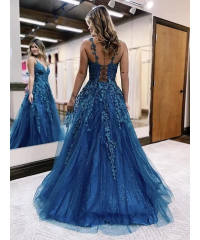 Lace Appliques Prom Dresses for Women Long 2024 Glitter Tulle Spaghetti Strap V-Neck Formal Party Dress for Teens HO004 Burgu...