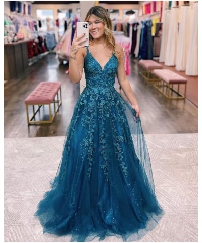 Lace Appliques Prom Dresses for Women Long 2024 Glitter Tulle Spaghetti Strap V-Neck Formal Party Dress for Teens HO004 Burgu...