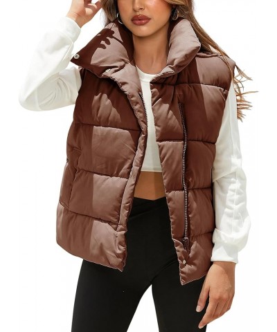 Womens Puffer Vest Zip Up Sleeveless Stand Collar Padded Jacket Coat with Pockets Brown $13.99 Vests