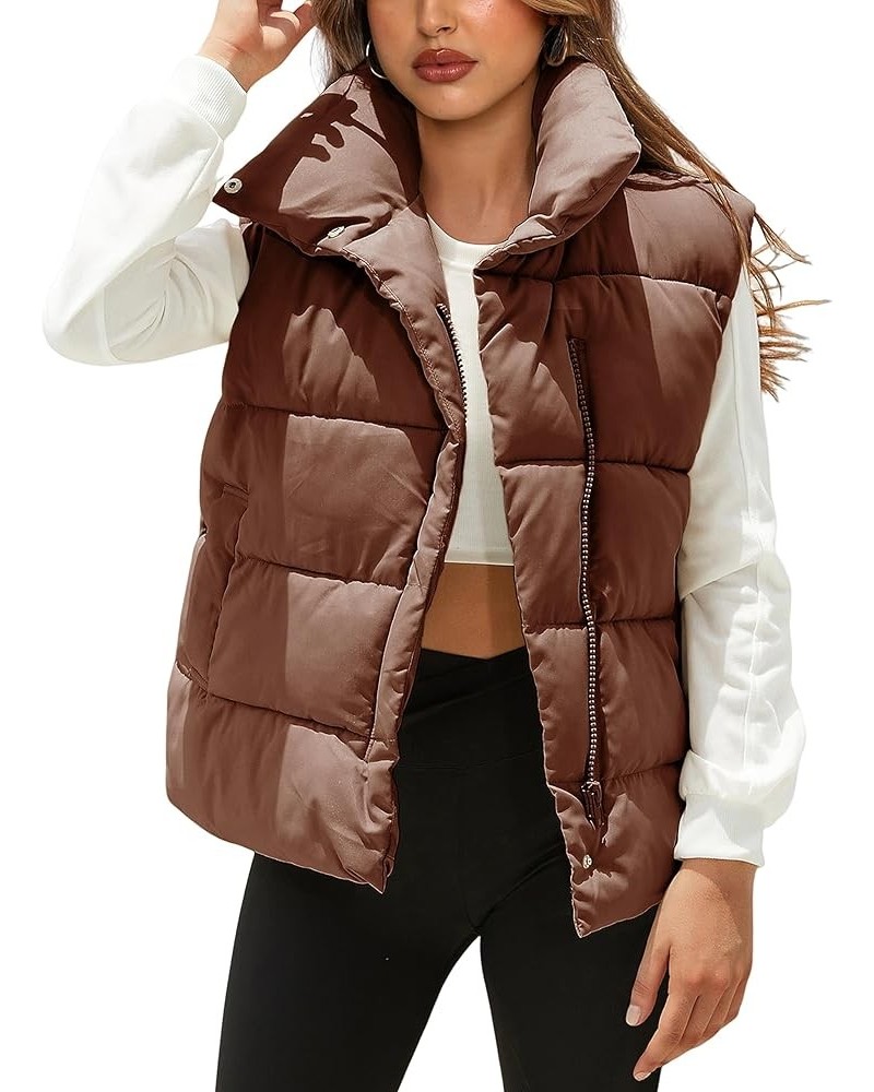 Womens Puffer Vest Zip Up Sleeveless Stand Collar Padded Jacket Coat with Pockets Brown $13.99 Vests