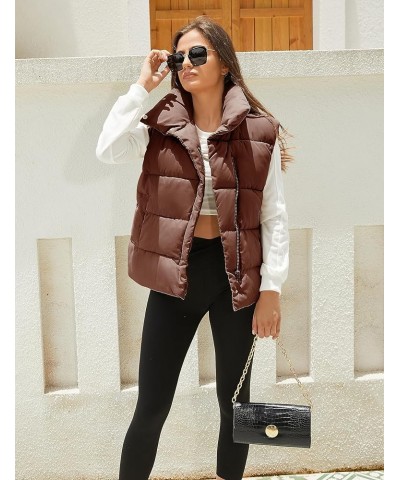 Womens Puffer Vest Zip Up Sleeveless Stand Collar Padded Jacket Coat with Pockets Brown $13.99 Vests