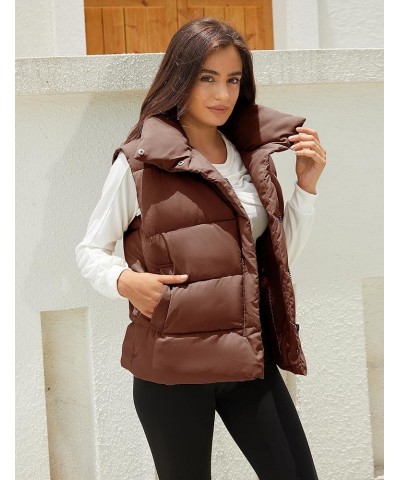 Womens Puffer Vest Zip Up Sleeveless Stand Collar Padded Jacket Coat with Pockets Brown $13.99 Vests