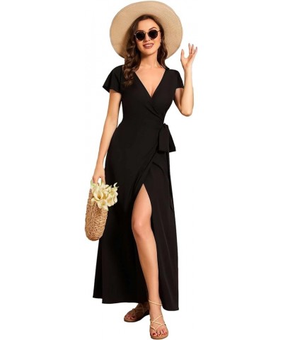 Women's Deep V Neck Sash High Low Front Split Summer Beach Dress Maxi Sundress 01827 Black $23.91 Dresses