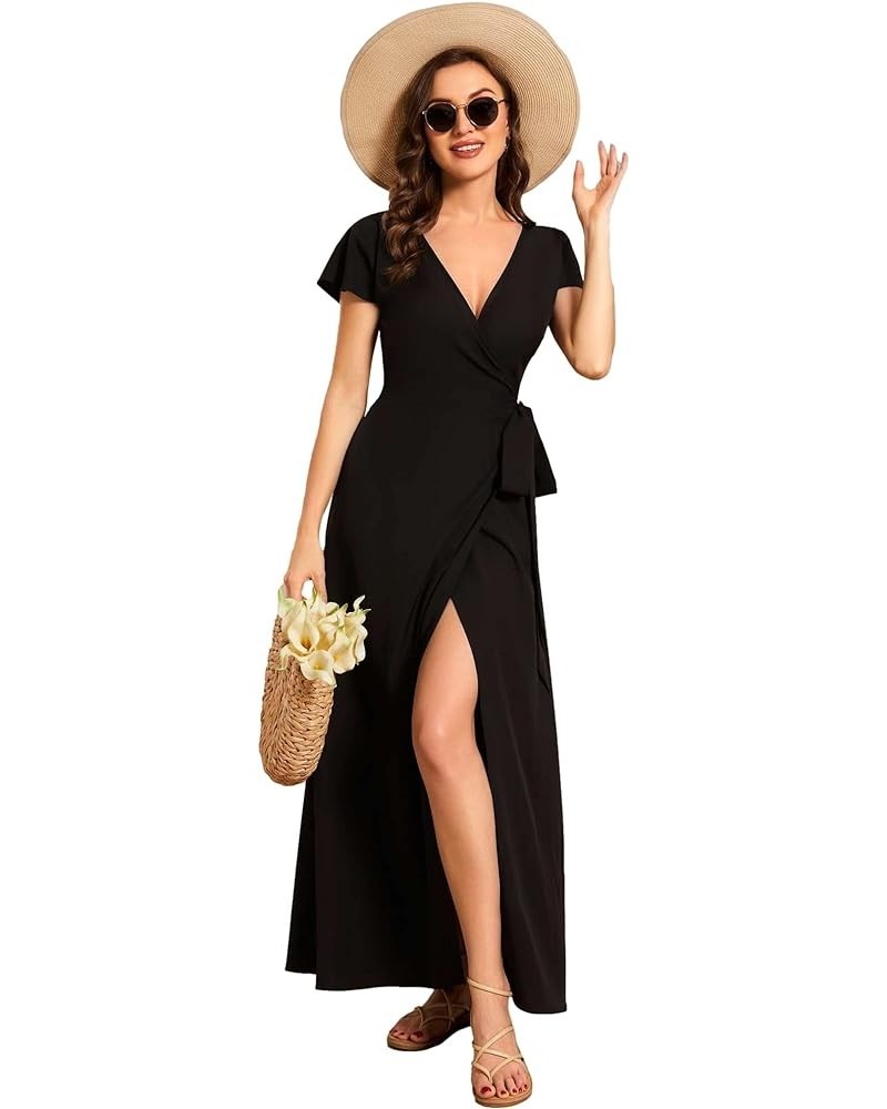 Women's Deep V Neck Sash High Low Front Split Summer Beach Dress Maxi Sundress 01827 Black $23.91 Dresses