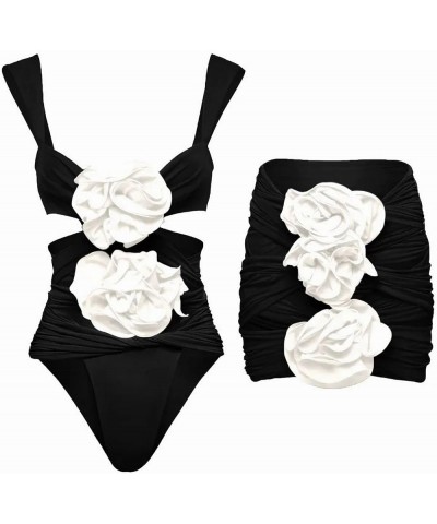 Women's One Piece Swimsuit 3D Flower Decoration Bathing Suit with Wrap Skirt for Daily Wear Wgsghddd-black Set $31.34 Swimsuits