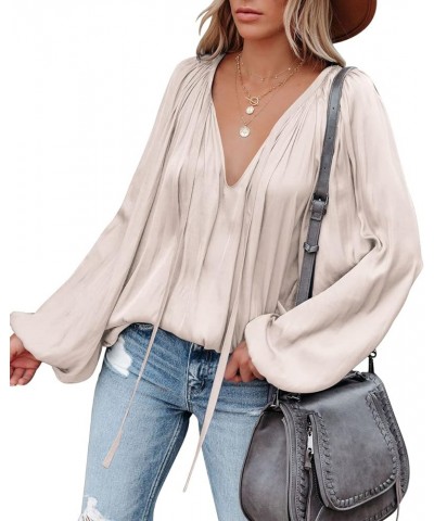 Womens Sexy Deep V Neck Blouse Lantern Long Sleeve Chiffon Shirt Oversized Drawstring Silk Satin Tunic Beige $20.29 Blouses