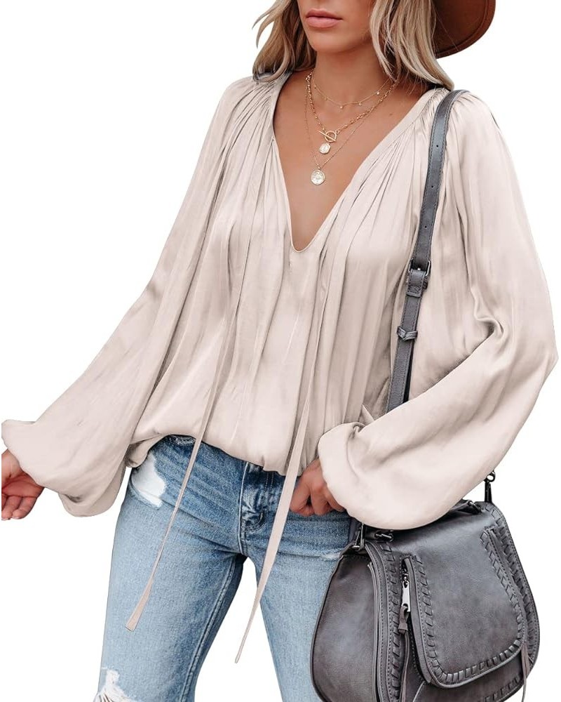 Womens Sexy Deep V Neck Blouse Lantern Long Sleeve Chiffon Shirt Oversized Drawstring Silk Satin Tunic Beige $20.29 Blouses