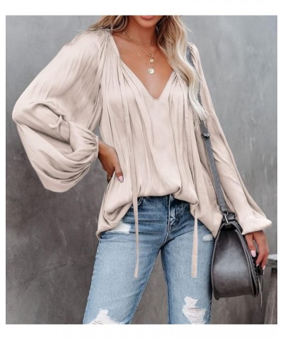 Womens Sexy Deep V Neck Blouse Lantern Long Sleeve Chiffon Shirt Oversized Drawstring Silk Satin Tunic Beige $20.29 Blouses