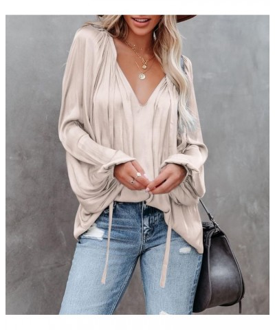 Womens Sexy Deep V Neck Blouse Lantern Long Sleeve Chiffon Shirt Oversized Drawstring Silk Satin Tunic Beige $20.29 Blouses