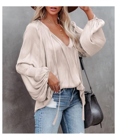 Womens Sexy Deep V Neck Blouse Lantern Long Sleeve Chiffon Shirt Oversized Drawstring Silk Satin Tunic Beige $20.29 Blouses