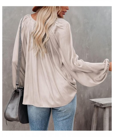 Womens Sexy Deep V Neck Blouse Lantern Long Sleeve Chiffon Shirt Oversized Drawstring Silk Satin Tunic Beige $20.29 Blouses