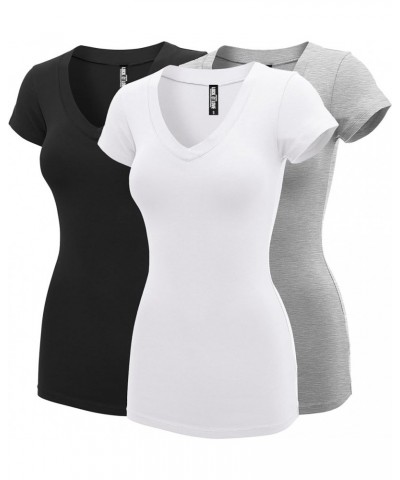 Women's Basic Slim Fitted Short Sleeve Casual V Neck Cotton T Shirt Wt1606_blk_grey_wht $11.26 T-Shirts