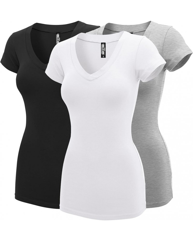 Women's Basic Slim Fitted Short Sleeve Casual V Neck Cotton T Shirt Wt1606_blk_grey_wht $11.26 T-Shirts