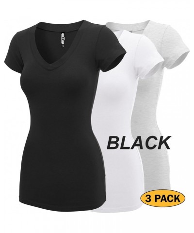 Women's Basic Slim Fitted Short Sleeve Casual V Neck Cotton T Shirt Wt1606_blk_grey_wht $11.26 T-Shirts