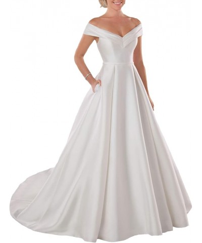 Satin Wedding Dress Long Off The Shoulder Satin Bridal Gowns with Pockets Ivory $36.75 Dresses