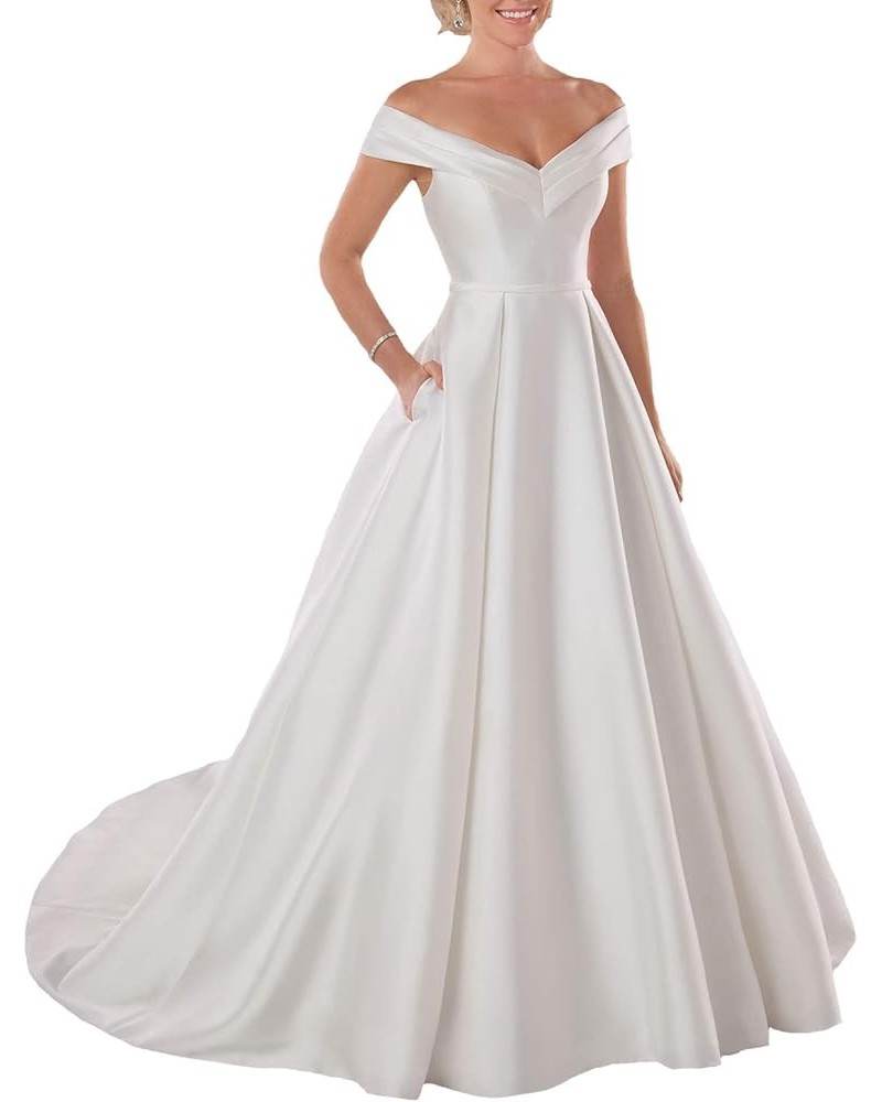 Satin Wedding Dress Long Off The Shoulder Satin Bridal Gowns with Pockets Ivory $36.75 Dresses