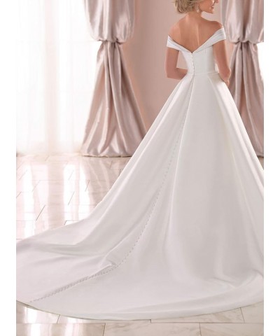 Satin Wedding Dress Long Off The Shoulder Satin Bridal Gowns with Pockets Ivory $36.75 Dresses