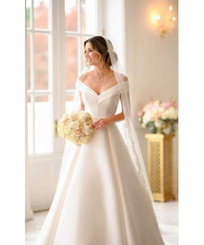 Satin Wedding Dress Long Off The Shoulder Satin Bridal Gowns with Pockets Ivory $36.75 Dresses