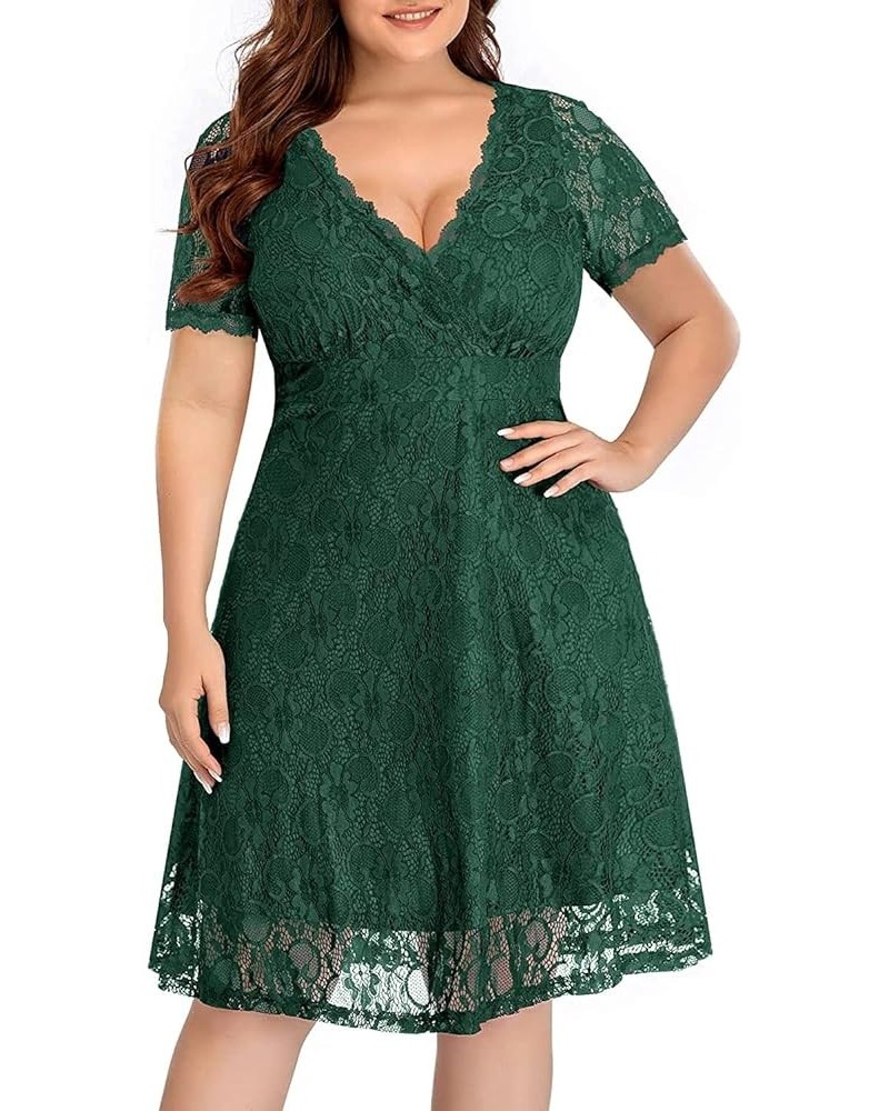 Women Plus Size Lace Wedding Guest Cocktail Formal Wrap V Neck Short Sleeve Knee Length Dresses Green $29.11 Dresses