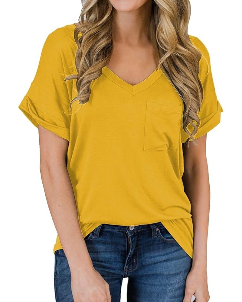 Women's Short Sleeve Basic T-Shirts Summer Casual Loose V Neck Tunic Blouse Tops Yellow $7.55 Tops