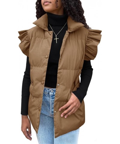 Women's Ruffle Sleeve Puffer Vest Quilted Lightweight Button Padded Vest Winter Coat With Pockets Brown $16.28 Vests