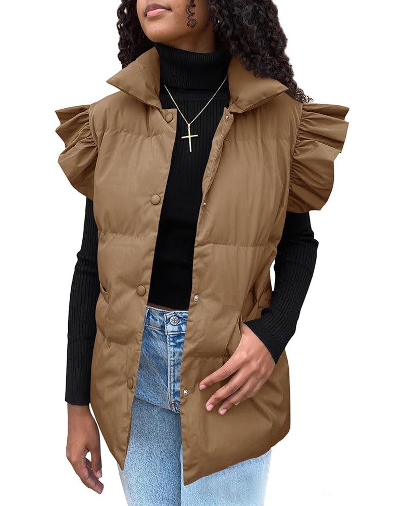 Women's Ruffle Sleeve Puffer Vest Quilted Lightweight Button Padded Vest Winter Coat With Pockets Brown $16.28 Vests