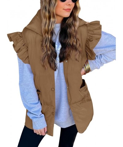 Women's Ruffle Sleeve Puffer Vest Quilted Lightweight Button Padded Vest Winter Coat With Pockets Brown $16.28 Vests