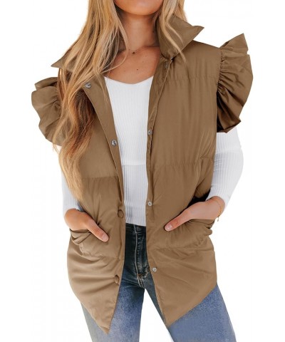 Women's Ruffle Sleeve Puffer Vest Quilted Lightweight Button Padded Vest Winter Coat With Pockets Brown $16.28 Vests