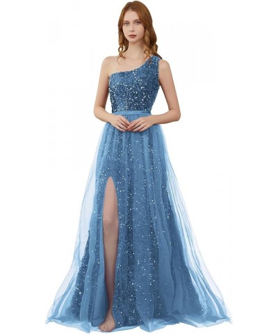 One Shoulder Sequin Prom Dresses for Women 2024 Long Tulle Formal Ball Gown Sparkly Slit Evening Party Dresses Dusty Blue $27...