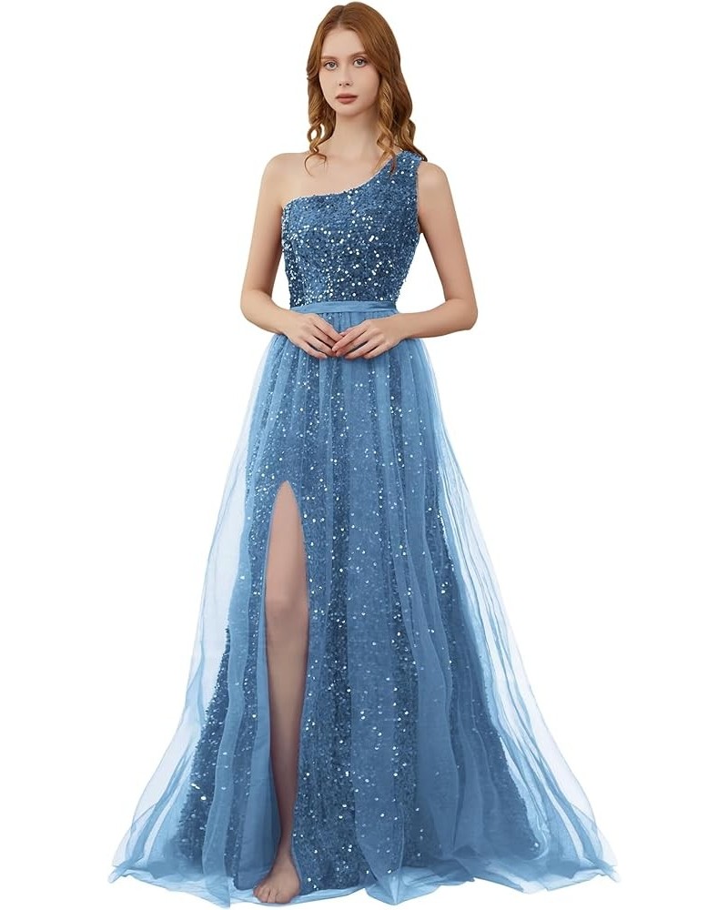 One Shoulder Sequin Prom Dresses for Women 2024 Long Tulle Formal Ball Gown Sparkly Slit Evening Party Dresses Dusty Blue $27...