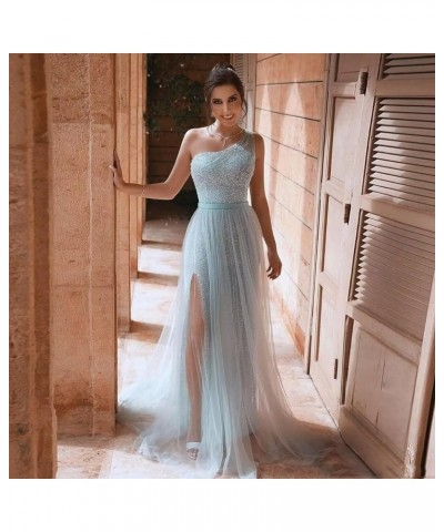 One Shoulder Sequin Prom Dresses for Women 2024 Long Tulle Formal Ball Gown Sparkly Slit Evening Party Dresses Dusty Blue $27...