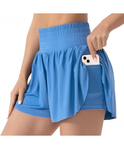 Ice Silk High Waisted Workout Shorts for Women Double Layer Flowy Hem Athletic Running Shorts with 2 Pockets Light Blue $15.6...